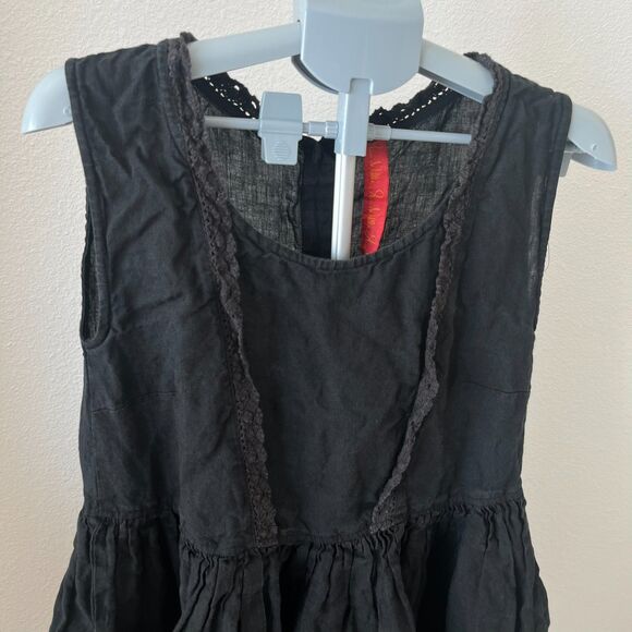 Ewa i Walla Black Linen Dress M Sleeveless Lace Trim Cottagecore Lagom Style - Picture 2 of 7
